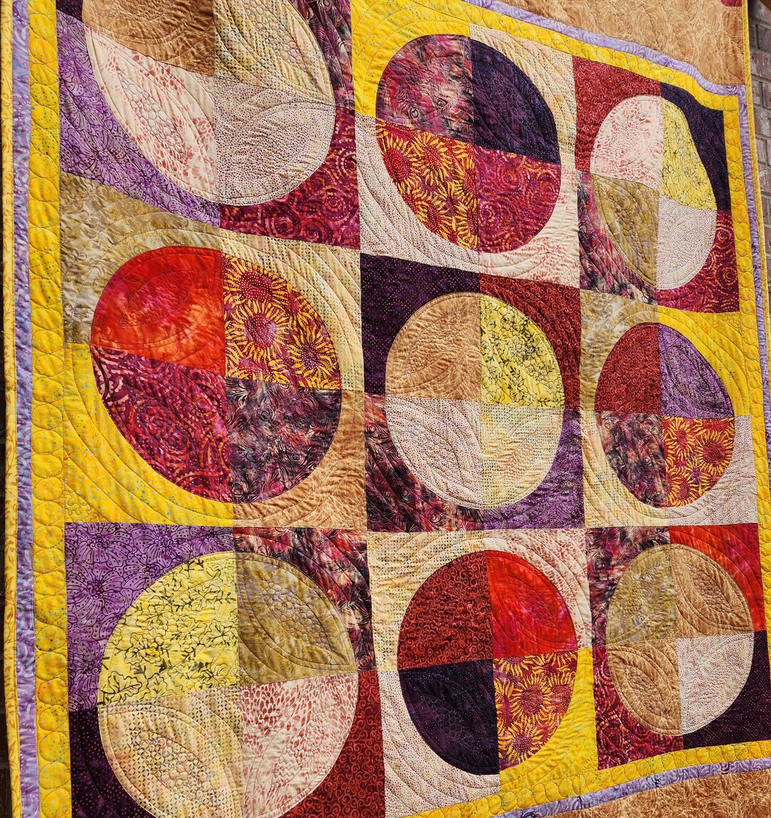 Batik Sunset Quilt, Handmade Twin Quilt in Orange Yellow Pink Amber With Ample Quilting 62 X 92