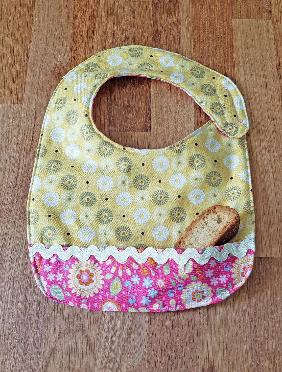 Yellow pocket baby bib in mod flower prints handmade  etsy