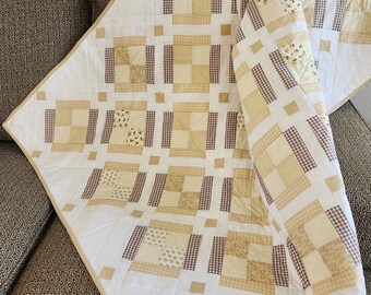 Handmade Quilt in Neutrals, Farmhouse Vibe Throw Quilt in white, cream and beige, with floral and button prints and gingham checks 44"x 64"