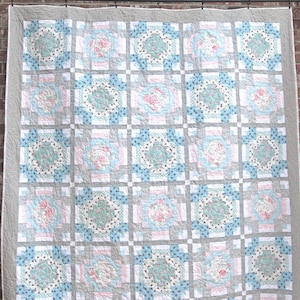 Handmade Romantic Floral Quilt, Twin Quilt in Aqua White Pink and Gray, new, machine quilted, 72&quot; x 85&quot;