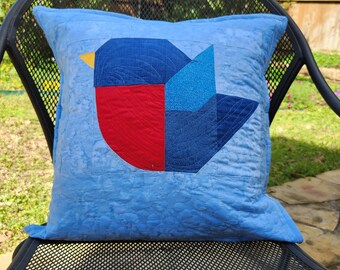 Bluebird Quilted Pillow, Handmade Pillow features quilted Bluebird on Blue Batik Sky, with 17" custom pillow form and freeform quilting