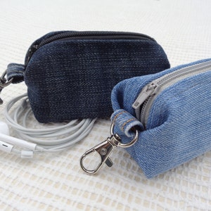 Custodia con cerniera in denim per auricolari, piccola custodia con cerniera, portachiavi, custodia per chiavi, porta borse per cacca di cane, clip su mini borsa, vegano, eco, zero rifiuti
