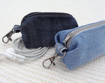 Denim zipper pouch for earphones, tiny zipped case, key chain, key pouch, dog poo bags holder, clip on mini purse, vegan, eco, zero waste