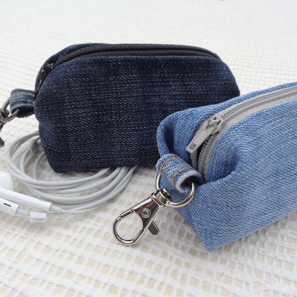 Denim zipper pouch for earphones, tiny zipped case, key chain, key pouch, dog poo bags holder, clip on mini purse, vegan, eco, zero waste