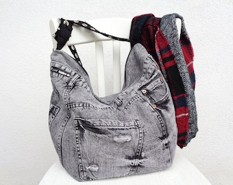 Borsa a tracolla in denim, borsa a tracolla morbida hobo, borsa jeans grigio nero lavato con acido, vegana, borsa ecologica, borsa con cerniera, borsa jeans in difficoltà