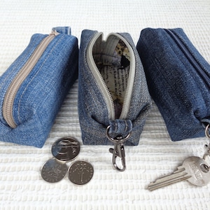 Pochette zippée en denim pour écouteurs, petit étui zippé, porte-clés, pochette pour clés, support pour sac à caca de chien, mini sac à main à clip, végétalien, écologique, zéro déchet