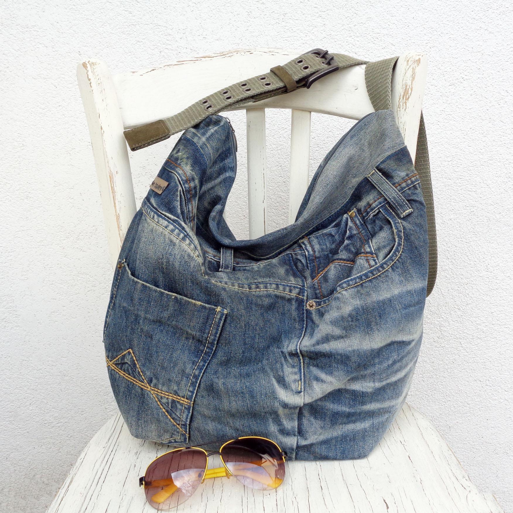 Denim Cross Body Bag, Large Hobo Slouchy Bag, Stone Washed Blue