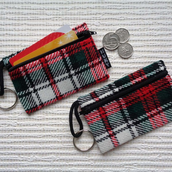 Tartan pouch, zipper case, coin purse, card wallet, small zipped pouch, key pouch, keyring, checked wool