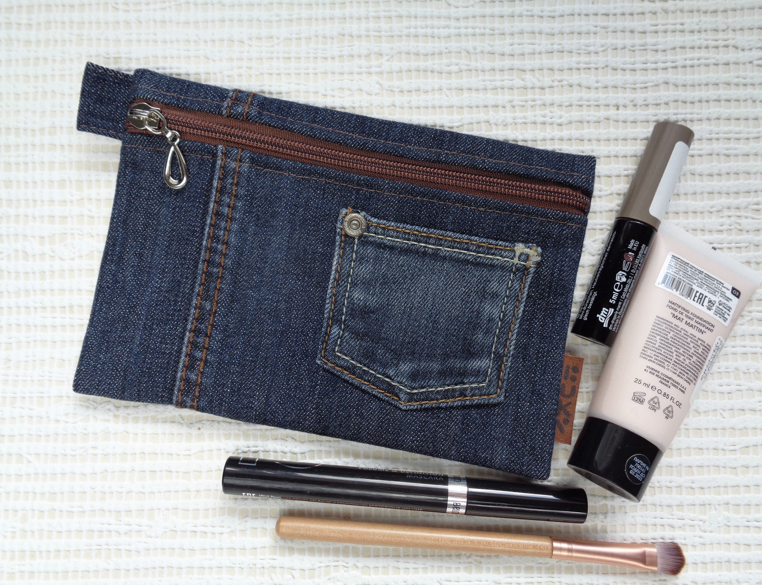 Make up case dark/light blue denim cosmetic bag zipped | Etsy