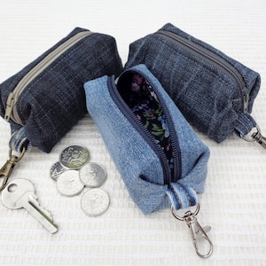 Piccola custodia in denim, piccola custodia con cerniera per auricolari, balsamo per labbra, chiavi, cambio, portachiavi, porta borse per cacca di cane, clip su mini borsa, vegano, eco