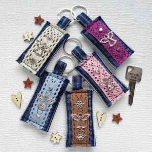 Angel keychain, upcycled denim key fob, keepsake, lucky charm, recycled jeans keyring, small Xmas gift for girl, boy, teens, stocking filler