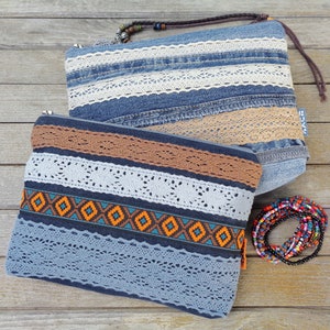 Make up bag, cosmetic bag, zipper pouch, jeans makeup case, zipped wallet, recycled denim, lace, zero waste, vegan gift, eco, tribal, boho