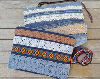 Sminkväska, necessär, dragkedja-påse, sminkfodral för jeans, plånbok med dragkedja, återvunnen denim, spets, noll avfall, vegansk present, eko, tribal, boho