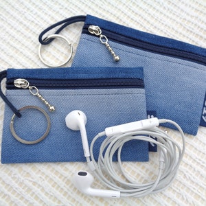 Sleutelhanger, blauwe denim portemonnee, platte portemonnee, klein zakje met ritssluiting, denim sleutelzakje, zero waste, ecocadeau, cadeau voor hem, gerecyclede jeans