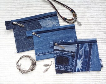 Sminkväska i denim, kosmetikaväska, fodral med dragkedja, denimficka med dragkedja, plånbok med dragkedja, noll avfall, vegansk