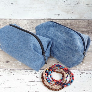 Borsa per il trucco, borsa per cosmetici in denim blu, custodia con cerniera, custodia squadrata, custodia papillon, custodia per il trucco, denim riciclato, regalo vegano ecologico immagine 9