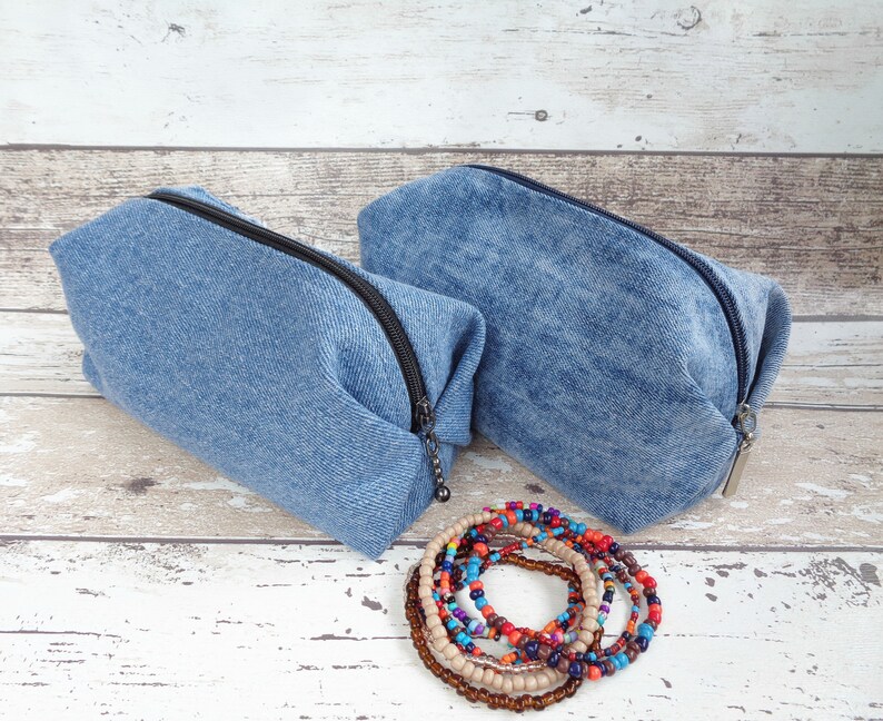 Borsa per il trucco, borsa per cosmetici in denim blu, custodia con cerniera, custodia squadrata, custodia papillon, custodia per il trucco, denim riciclato, regalo vegano ecologico immagine 9