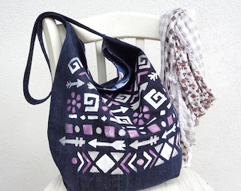 Bolso vaquero holgado, bolso de hombro suave, bolso vaquero, estilo bohemio hippie, diseño tribal nativo estampado a mano, cero residuos, sostenible, bolso vegano