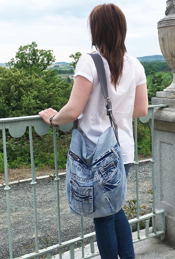 Denim Cross Body Bag, Large Hobo Slouchy Bag, Stone Washed Blue 