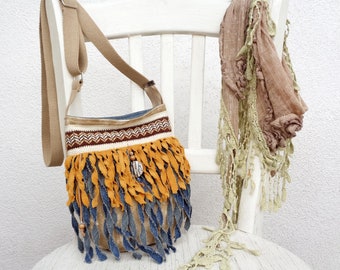 Small canvas bag with fringe, slouchy soft textile cross-body bag, jeans purse, mini bag, Hippie Boho style, vegan, zero waste, summer wear
