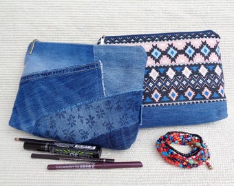 Sminkväska, kosmetikväska, dragkedja-påse, sminkfodral för jeans, plånbok med dragkedja, lapptäcke med återvunnet denim, vegansk present med noll avfall, eko, tribal, boho