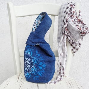Bracelet de sac noeud japonais, petit sac en jean, pochette, mini sac à main, sac de poignet en jean, zéro déchet, végétalien, écologique, imprimé mandala, style bohème
