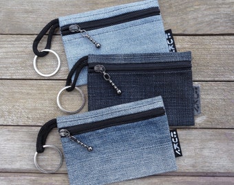 Key chain ring, denim coin purse, flat card wallet, small zippered pouch, key pouch, re-cycled denim, vegan, eco, sustainable, grunge