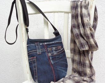 Mini sac en denim, petit sac à main en bandoulière, sac banane en jean bleu, sac à main zippé en textile doux, style grunge rock, végétalien, zéro déchet, jean recyclé
