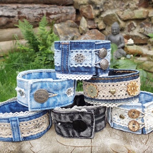 Denim cuff bracelet, jeans fabric cuff bracelet, hippie shabby chic boho denim and lace jewellery, small gift for her for teens, summer wear