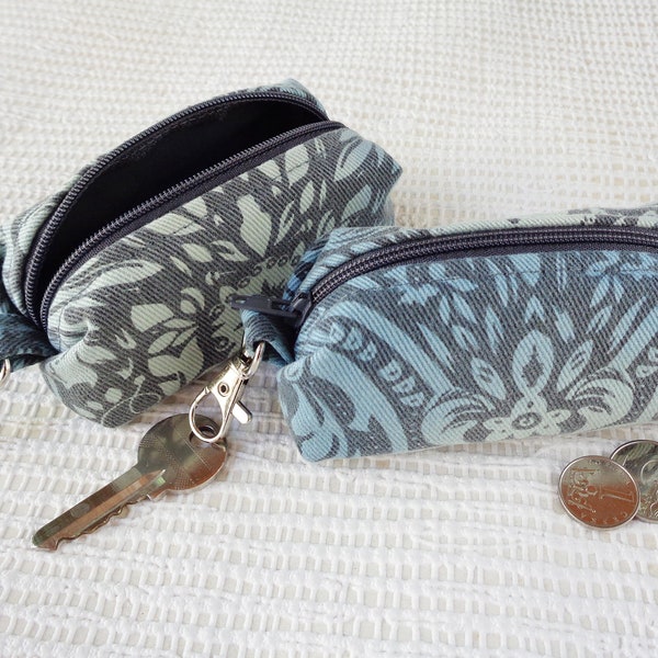 Denim zipper pouch for earphones, tiny zipped case, key chain, key pouch, dog poo bags holder, clip on mini purse, vegan, eco, flowery