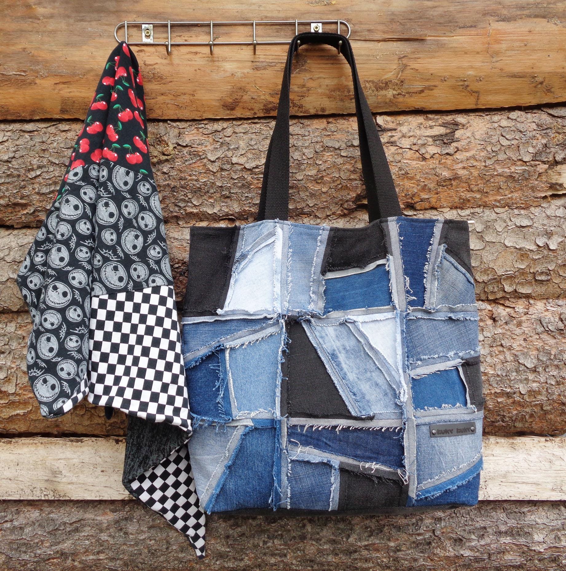 Large Tote Bag, Denim Patchwork Shoulder Bag, Lined, Zipped, With