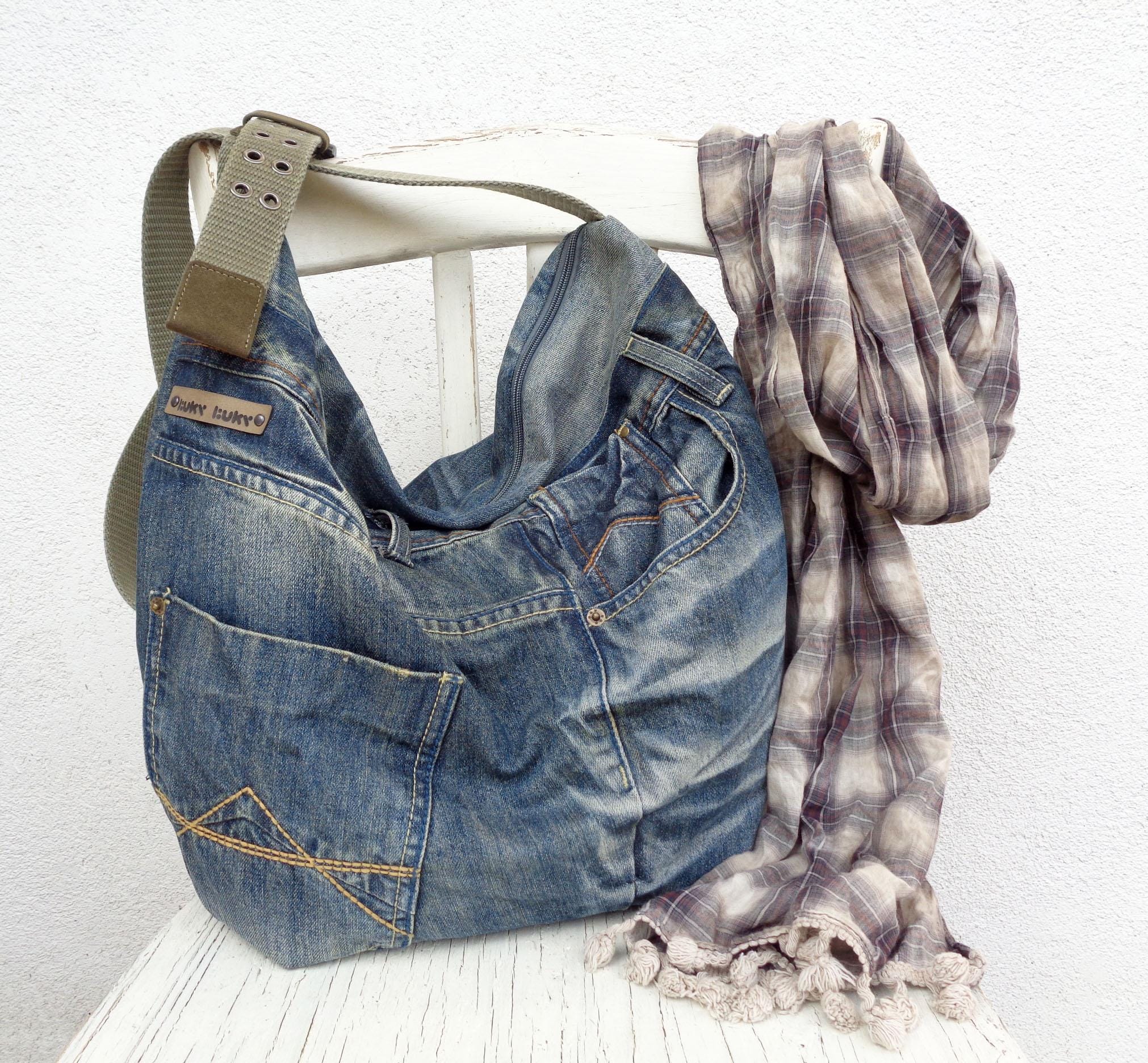 Denim Cross Body Bag, Large Hobo Slouchy Bag, Stone Washed Blue