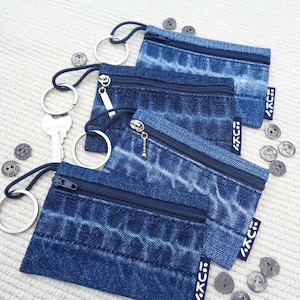 Schlüsseltäschchen, Schlüsseltäschchen, blaues Portemonnaie, Reißverschlusstäschchen, blaues Portemonnaie, Reißverschlusstäschchen, recyceltes Denim, Jeans, Vegan, Öko, zerschlissene Jeans