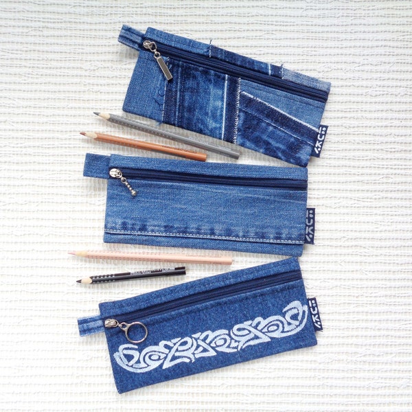 Pencil case, pen pouch, zipped jeans pouch, pencil case, re-cycled denim, zero waste, sustainable, eco gift for teens, gift for boys, school