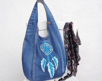 Hobo bag hand printed dreams catcher, denim slouchy sling bag, medium blue jeans, eco friendly shoulder bag, vegan, boho, bohemian, magick