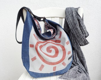 Bolso vaquero holgado, bolso de hombro suave, bolso vaquero, estilo bohemio hippie, diseño nativo tribal pintado a mano con símbolo del SOL, bolso vegano cruzado