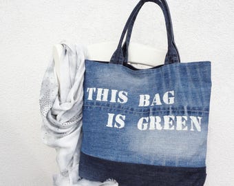Bolso grande de mano, bolso de hombro de patchwork vaquero, forrado, con imán, bolsillos, regalo ecológico, bolso vegano, texto, denim, vaqueros reciclados, moda verde