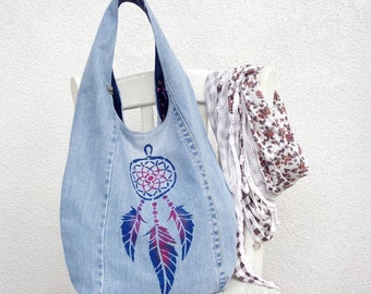 Hobo bag, hand printed dreams catcher, denim slouchy sling bag, light blue jeans, eco friendly shoulder bag, vegan, boho, bohemian, magick