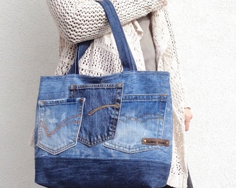 Bolso tote vaquero con cremallera, bolso mediano forrado, con bolsillos, bolsillos para vaqueros, regalo ecológico, bolso vegano, vaqueros reciclados, sostenible, hecho a mano