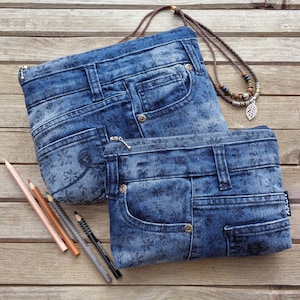 Bolsa de maquillaje, bolsa de cosméticos, bolsa con cremallera, estuche de maquillaje para jeans, billetera con cremallera, mezclilla reciclada, bolsa de bolsillo para jeans, cero desperdicio, regalo vegano, ecológico