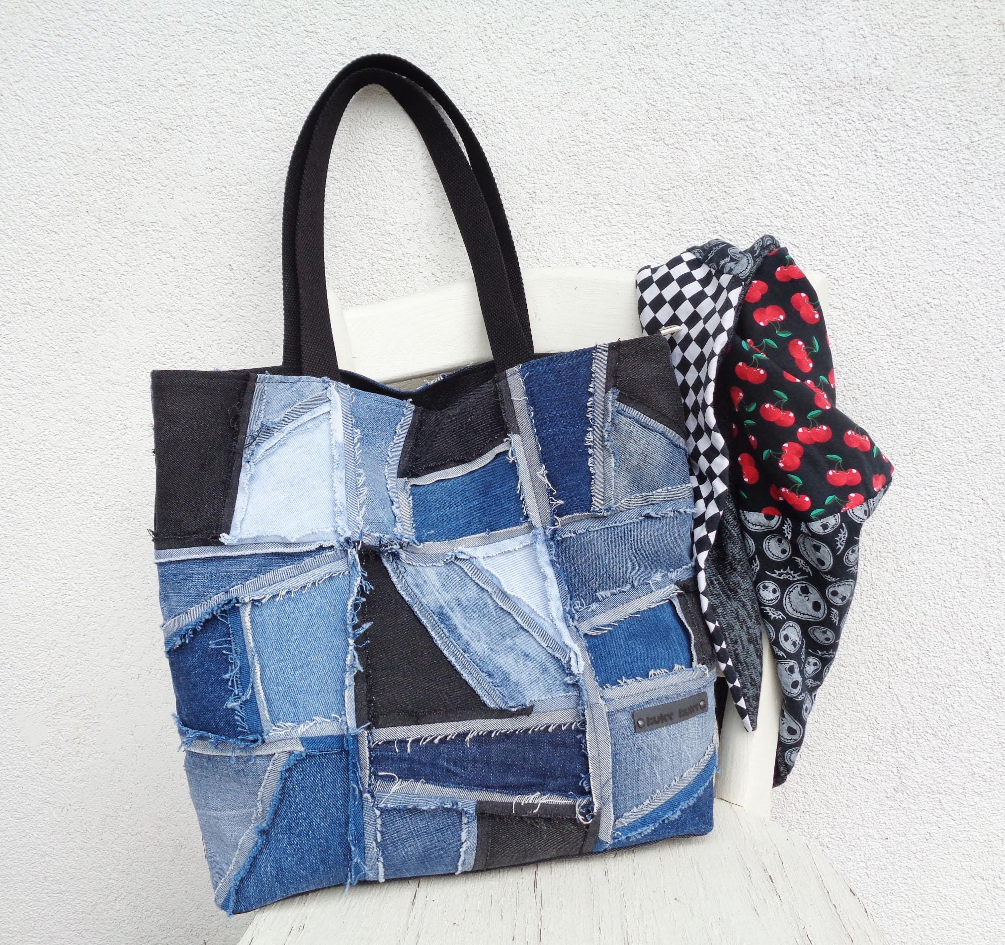 Large Tote Bag, Denim Patchwork Shoulder Bag, Lined, Zipped, With