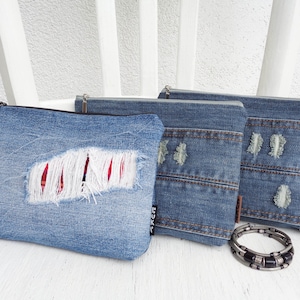 Denim makeup bag, cosmetic bag, zipper pouch, jeans make up case, zipped wallet, recycled denim, grunge, ripped, distressed, vegan gift, eco