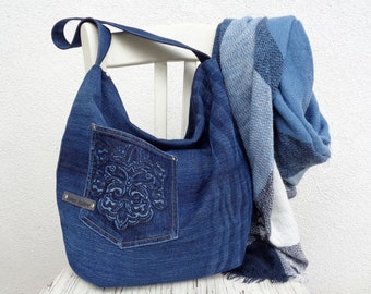 Borsa in denim grande, borsa a tracolla morbida, borsa in jeans lavati blu, borsa in denim casual con cerniera, eco friendly, vegana, borsa con cerniera, stile rock grunge