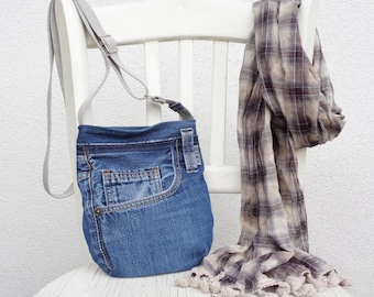 Denim mini bag, cross-body small purse, blue jeans hip bag, soft textile zipped purse, Grunge Rock style, vegan, zero waste, upcycled jeans