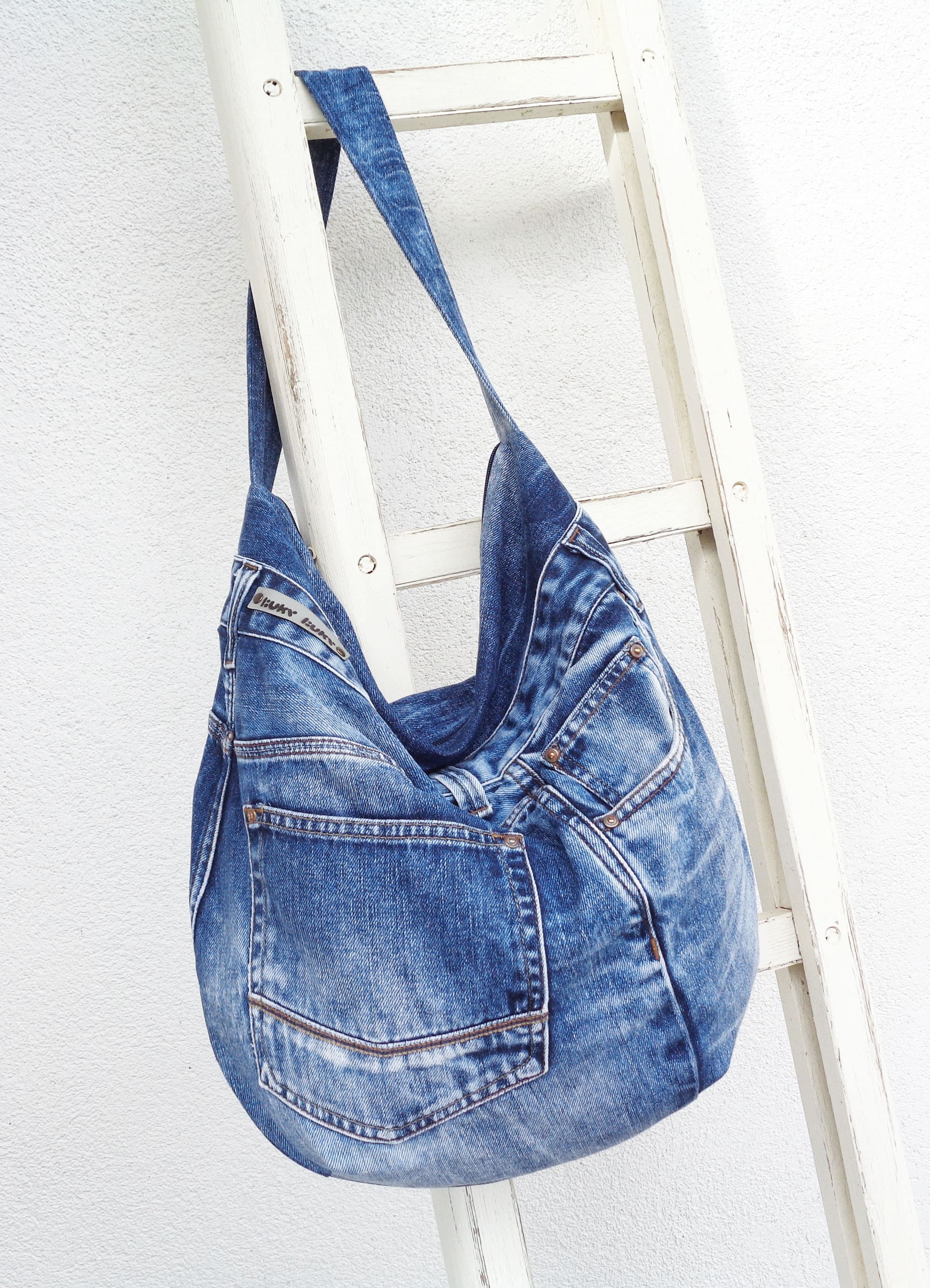 Large Denim Bag Slouchy Shoulder Bag Blue Washed Jeans Bag - Etsy