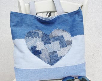 Bolso grande con cremallera, bolso de hombro con patchwork denim boro, forrado, bolsillos, regalo ecológico, bolso vegano, corazón, denim, vaqueros reciclados, moda verde