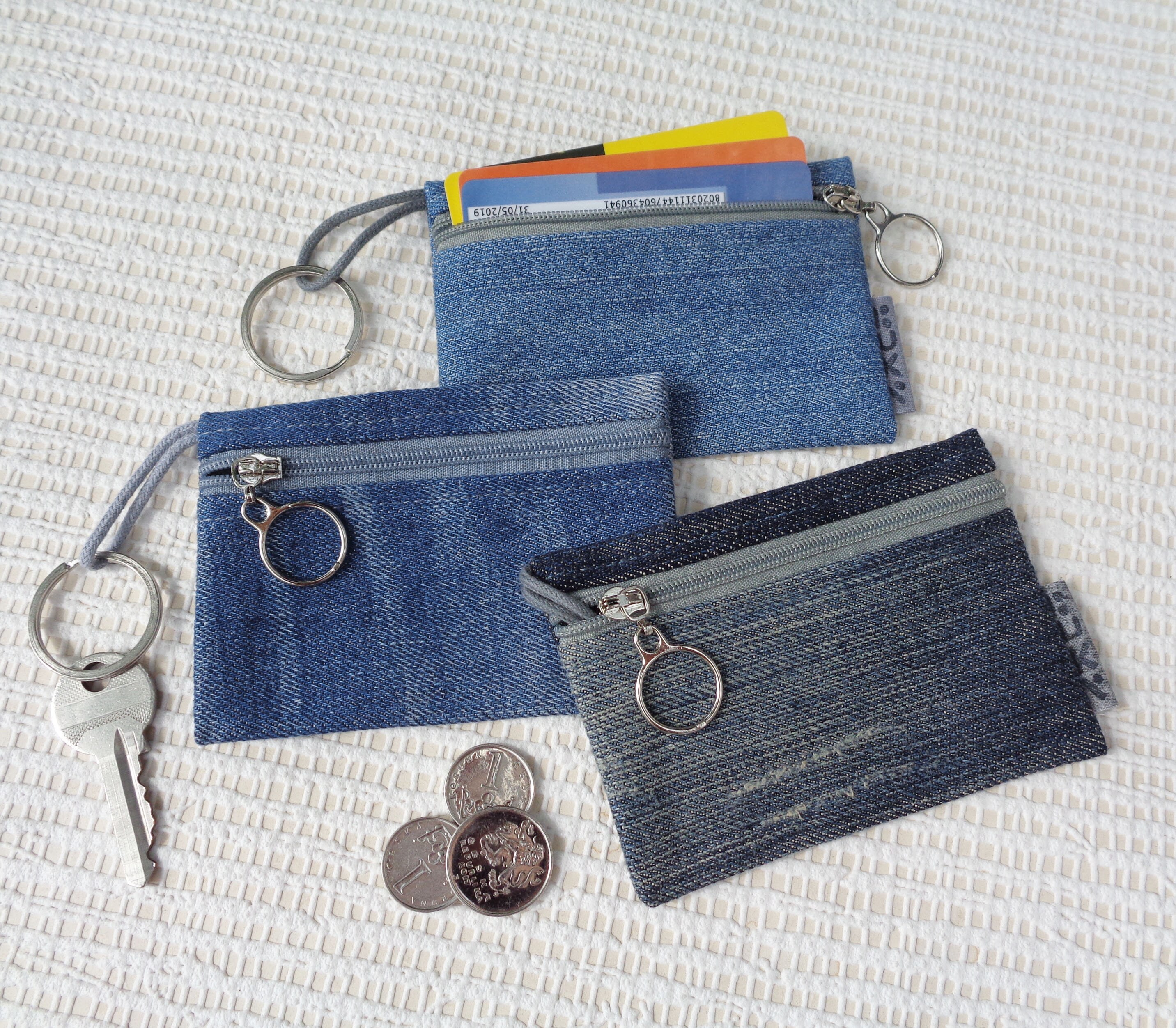 Key chain ring denim coin purse flat card wallet small Etsy
