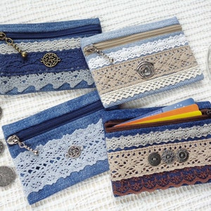 Mini-Münztasche, kleine Reißverschlusstasche mit Spitze, Boho-Stil, recyceltes Denim, umweltfreundliche, nachhaltige Mode