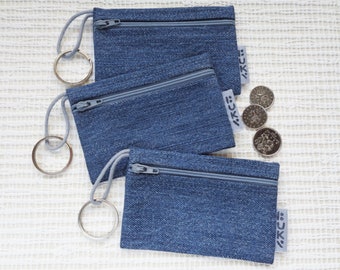 Key ring, blue denim coin purse, flat wallet, small zippered pouch, denim key pouch, zero waste, eco gift, gift for him, jeans recycled