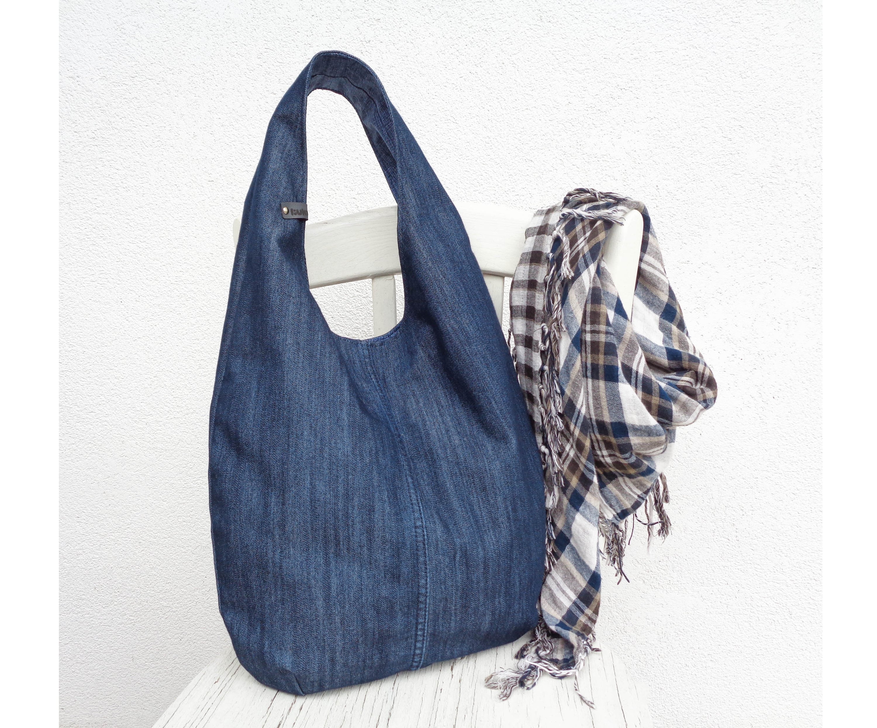 Hobo Bag Plain Denim Slouchy Sling Bag Dark Blue Jeans Bag Sac